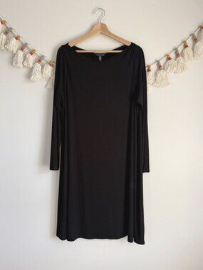 Eileen Fisher Black Jersey Bateau Neck Long Sleeve Shirt Dress Modest Basics XL